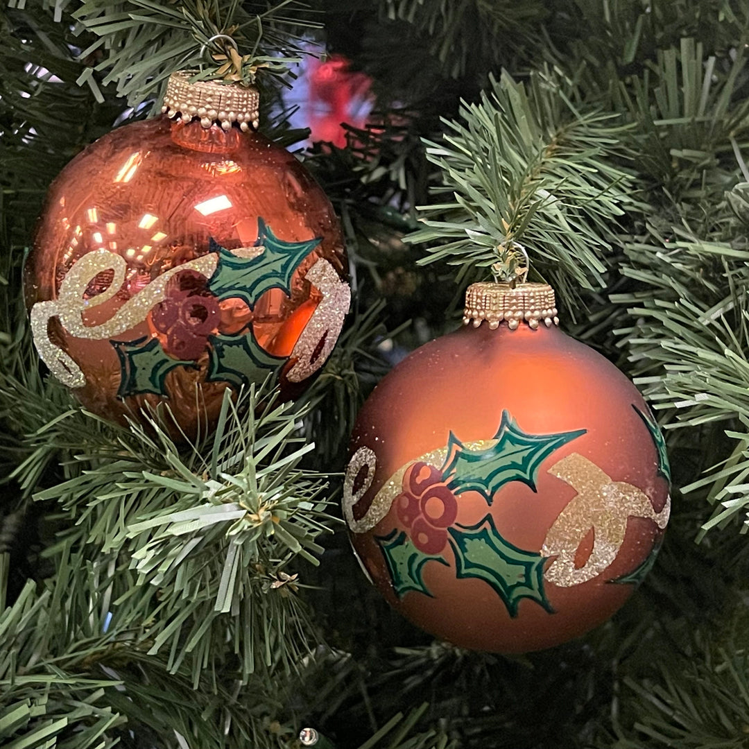2 5/8" (67mm) Ball Ornaments Copper Shine with Holly and Ribbon, 4/Box, 12/Case, 48 Pieces