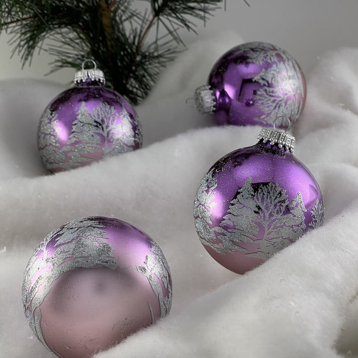 2 5/8" (67mm) Glass Ball Ornaments, Bi-Color Winter Lilac Shine / Smoke Gray Velvet - White Winter Forest Trees, 4/Box, 12/Case, 48 Pieces
