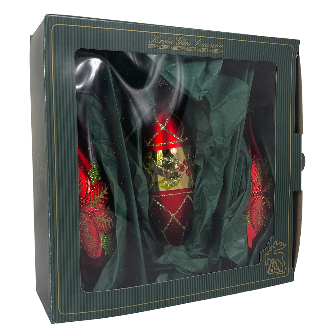 5.6" (15cm) Poinsettia & Berries Glass Finial, set of 3, Shinny & Matte Red,  Figurine Ornaments, 3/Box, 8/Case, 24 Pieces