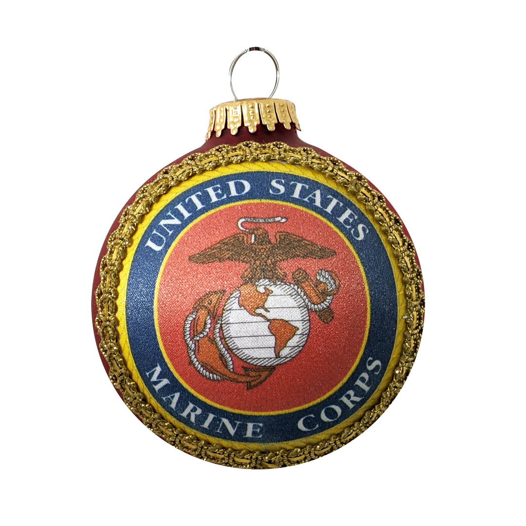 3 1/4" (80mm) Glass Ball Ornaments, Flame Red - Silk US Marines Logo and Hymn, 1/Box, 12/Case, 12 Pieces