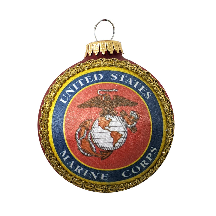 3 1/4" (80mm) Glass Ball Ornaments, Flame Red - Silk US Marines Logo and Hymn, 1/Box, 12/Case, 12 Pieces