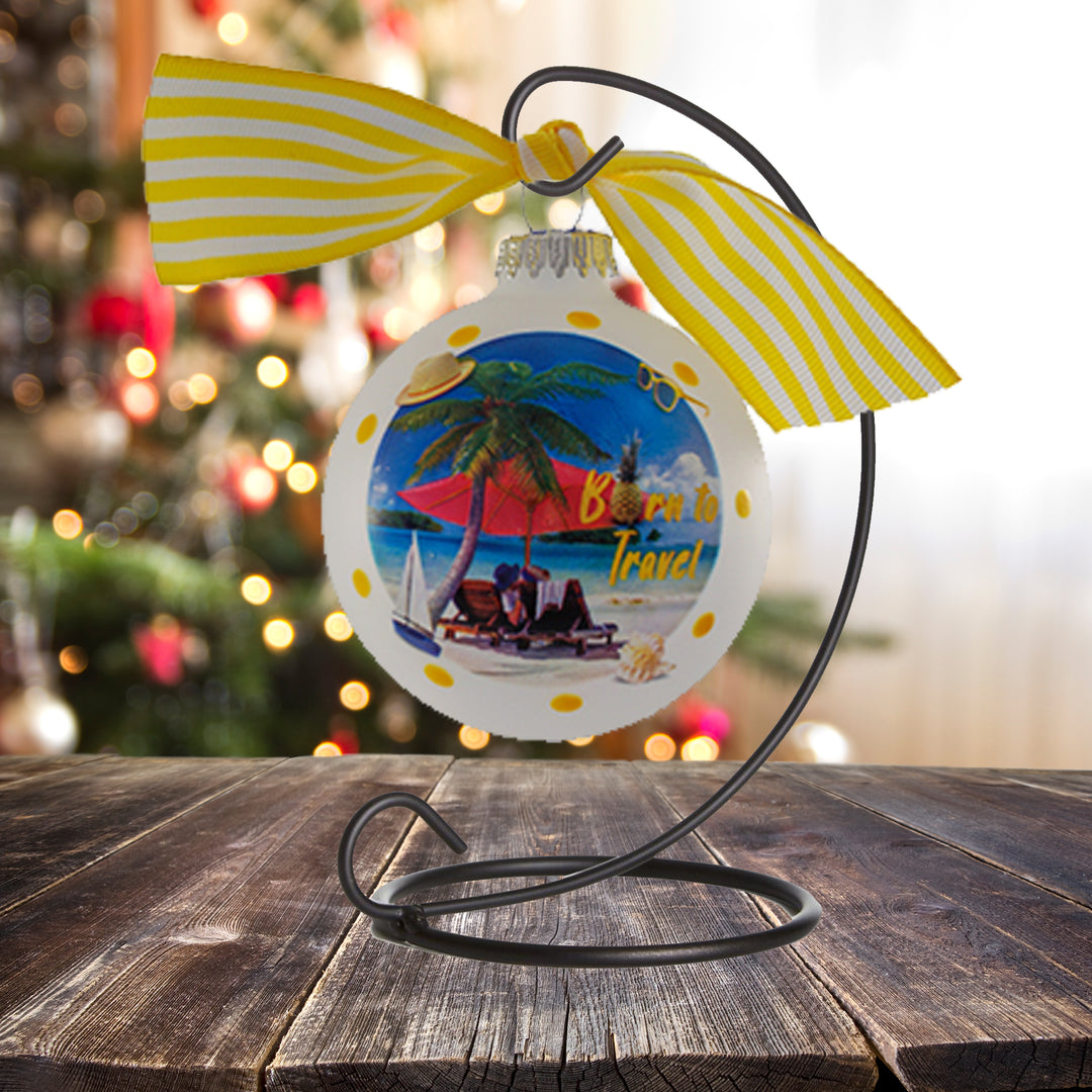 3 1/4" (80mm) Hugs - Frost 3 1/4" (80mm) Glass Ball Ornament with Born to Travel Beach. 12 Pieces per Case