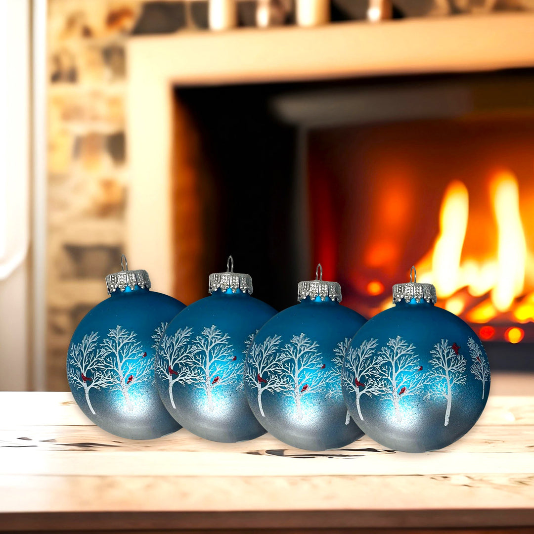 2 5/8" (67mm) Glass Ball Ornaments, Turquoise Bliss with Trees & Cardinals, 4/Box, 12/Case, 48 Pieces
