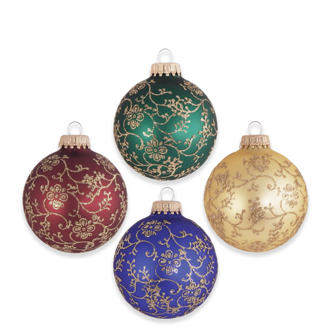 2 5/8" (67mm) Ball Ornaments Traditional Color with Gold Glitterlace, 4/Box, 12/Case, 48 Pieces