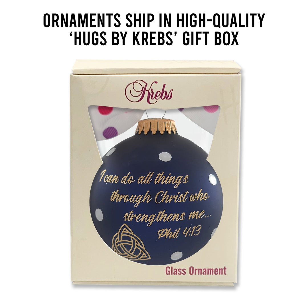 3 1/4" (80mm) Personalizable Hugs Specialty Gift Ornaments, Midnight Haze Glass Ball with I can do all things through Christ
