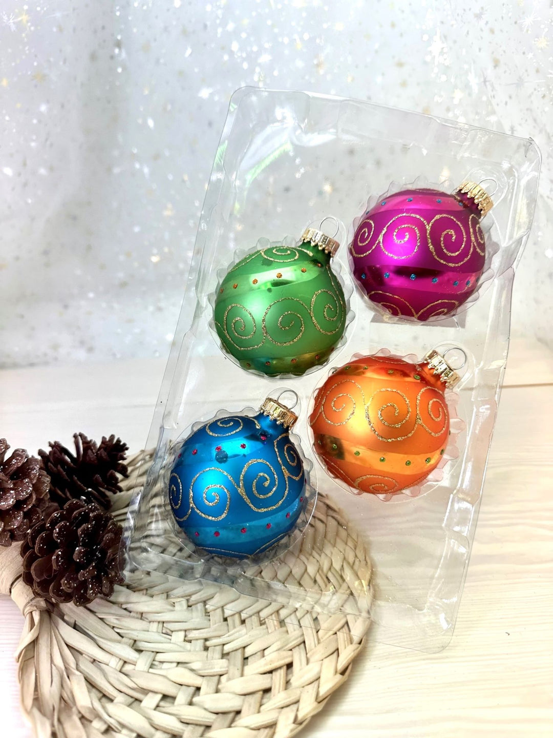 2 5/8" (67mm) Glass Ball Ornaments, Candy Brights with Dotted Swirls and Scrolls, 4/Box, 12/Case, 48 Pieces