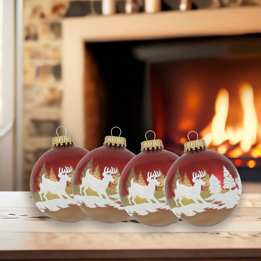 2 5/8" (67mm) Glass Ball Ornaments, Ribbon Red with Winter Deer Scene, 4/Box, 12/Case, 48 Pieces