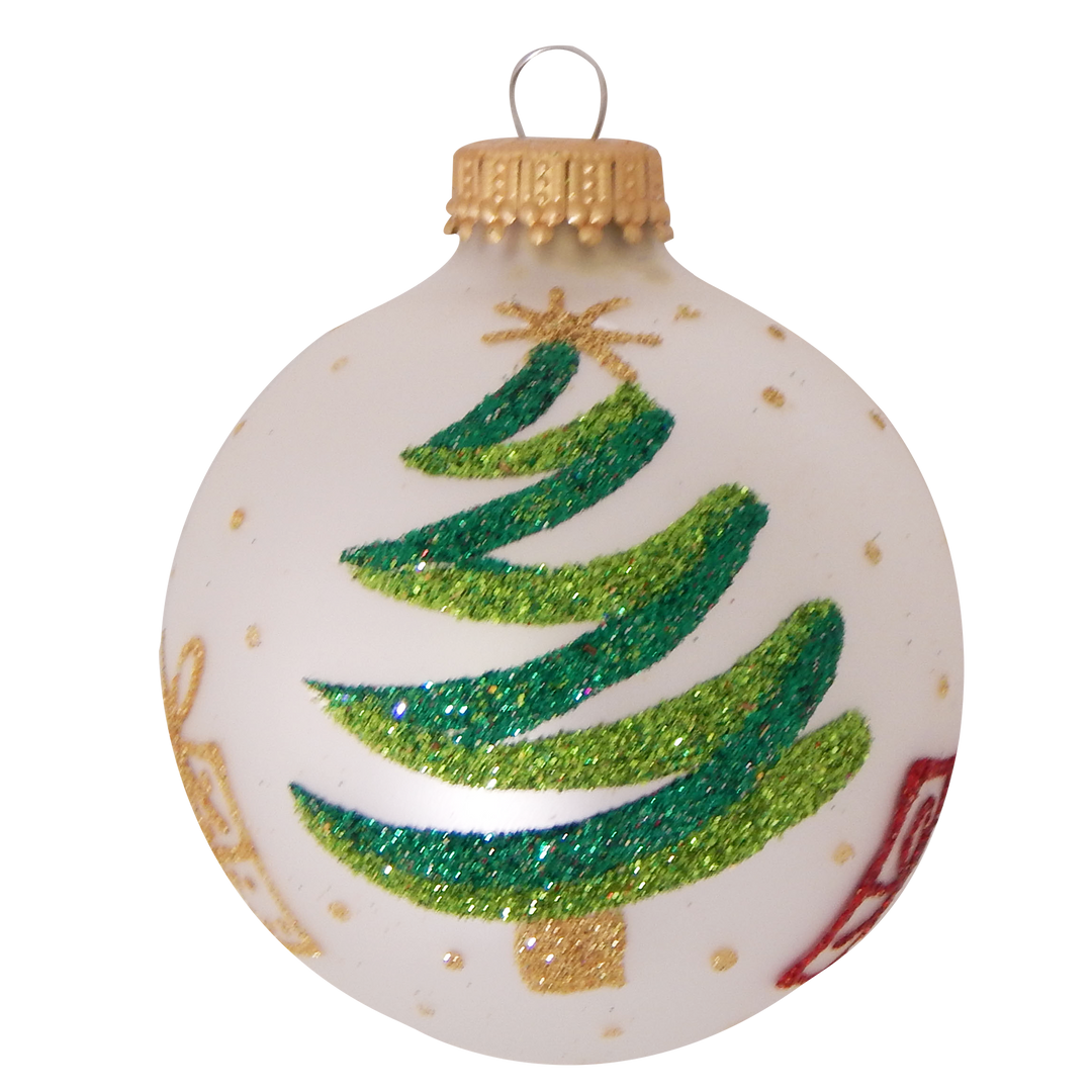 2 5/8" (67mm) Glass Ball Ornaments, Silver Pearl with Tree and Gifts, 4/Box, 12/Case, 48 Pieces