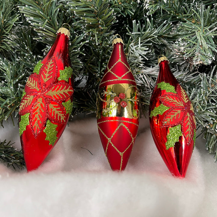 5.6" (15cm) Poinsettia & Berries Glass Finial, set of 3, Shinny & Matte Red,  Figurine Ornaments, 3/Box, 8/Case, 24 Pieces