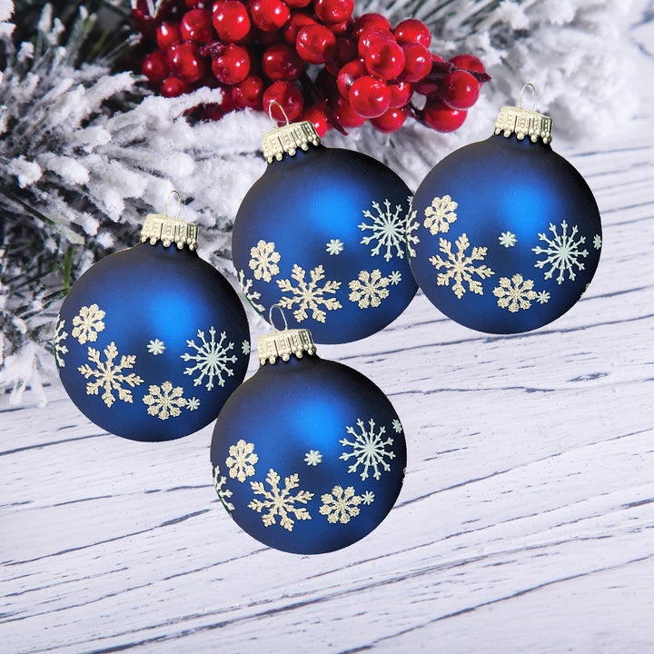 2 5/8" (67mm) Glass Ball Ornaments, Midnight Haze with White Snowflakes, 4/Box, 12/Case, 48 Pieces