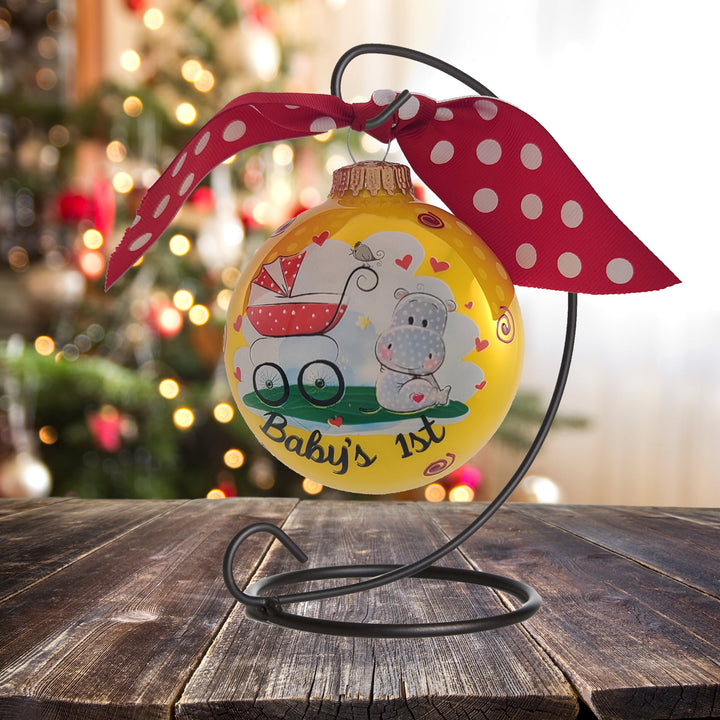 3 1/4" (80mm) Personalizable Hugs Specialty Gift Ornaments, Full Sun Glass Ball with Baby's 1st Hippo