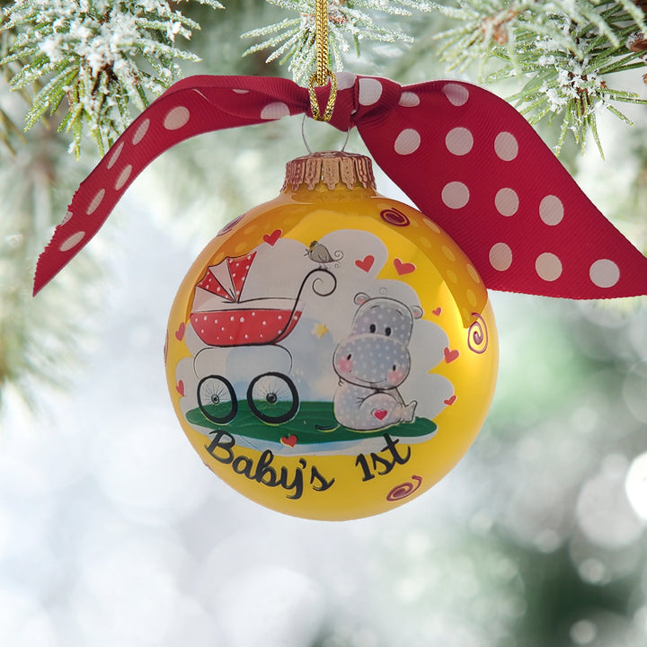 3 1/4" (80mm) Personalizable Hugs Specialty Gift Ornaments, Full Sun Glass Ball with Baby's 1st Hippo