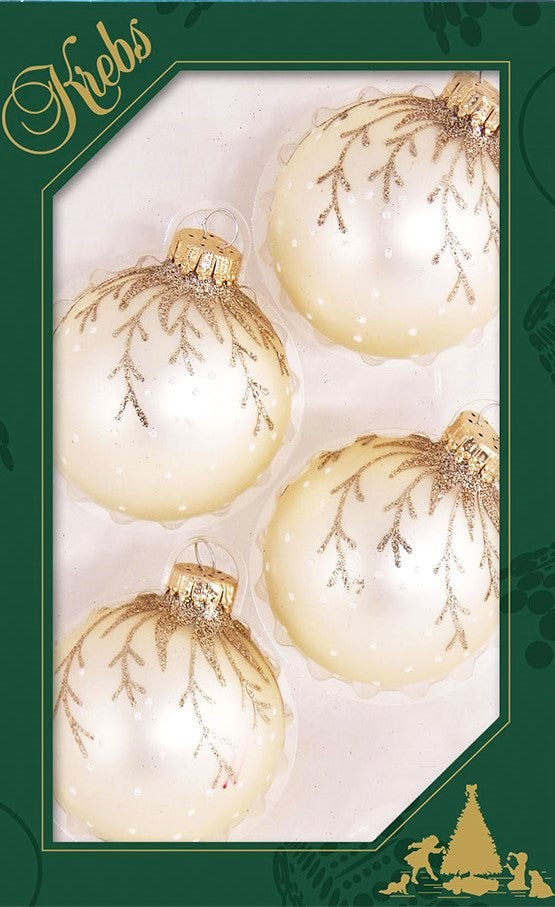 2 5/8" (67mm) Ball Ornaments, Vanilla Ice Velvet with Hanging Branches, Gold Crown Caps - 4/Box, 12/Case, 48 Pieces