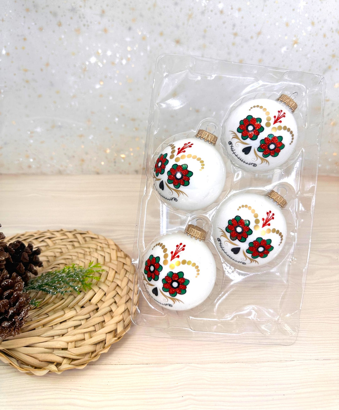 2 5/8" (67mm) Halloween Ball Ornaments Solid Porcelain White Day of the Dead with Flower Eyes 4/Box, 12/Case, 48 Pieces