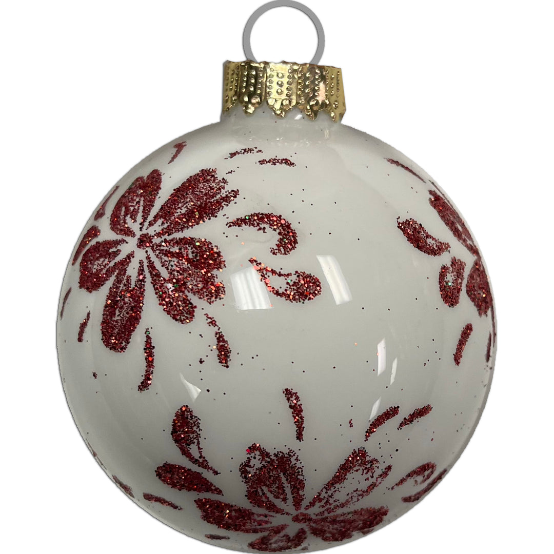 2 5/8" (67mm) Glass Ball Ornaments, Porcelain White with Red Glitter Christmas Flower with Gold Crown Cap, 4/Box, 12/Case, 48 Pieces