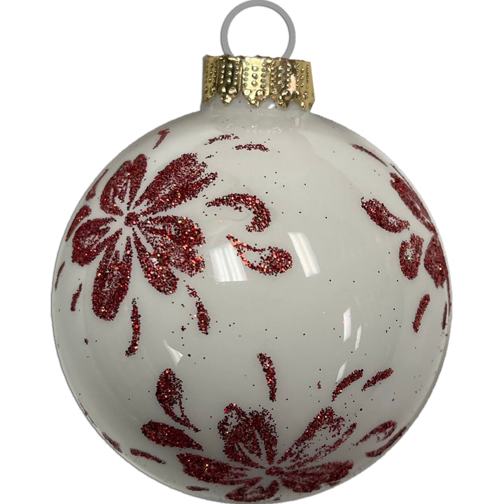 2 5/8" (67mm) Glass Ball Ornaments, Porcelain White with Red Glitter Christmas Flower with Gold Crown Cap, 4/Box, 12/Case, 48 Pieces