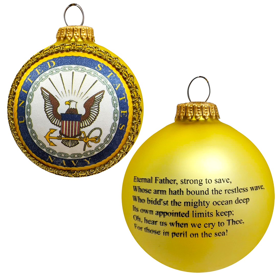 3 1/4" (80mm) Glass Ball Ornaments, Gold Velvet - Silk US Navy Logo and Hymn, 1/Box, 12/Case, 12 Pieces