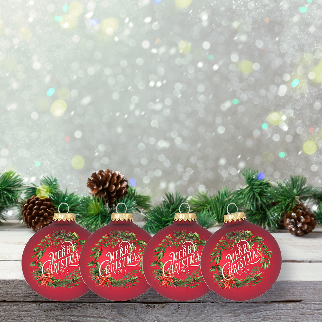 2 5/8" (67mm) Glass Ball Ornaments, Red Velvet with Merry Christmas Wreath, 4/Box, 12/Case, 48 Pieces