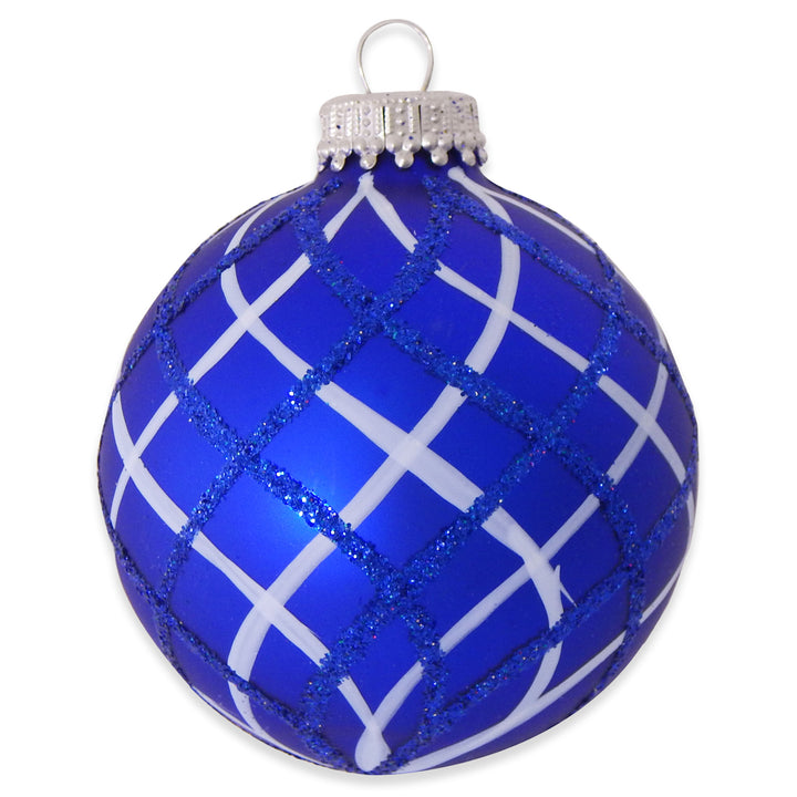 2 5/8" (67mm) Ball Ornaments Royal Velvet with Blue / White Lattice, 4/Box, 12/Case, 48 Pieces