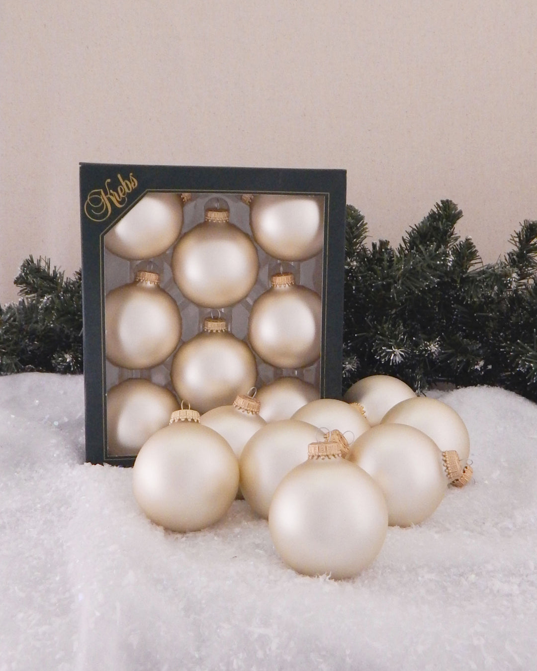2 5/8" (67mm) Ball Ornaments, Gold Caps, Oyster Velvet, 8/Box, 12/Case, 96 Pieces