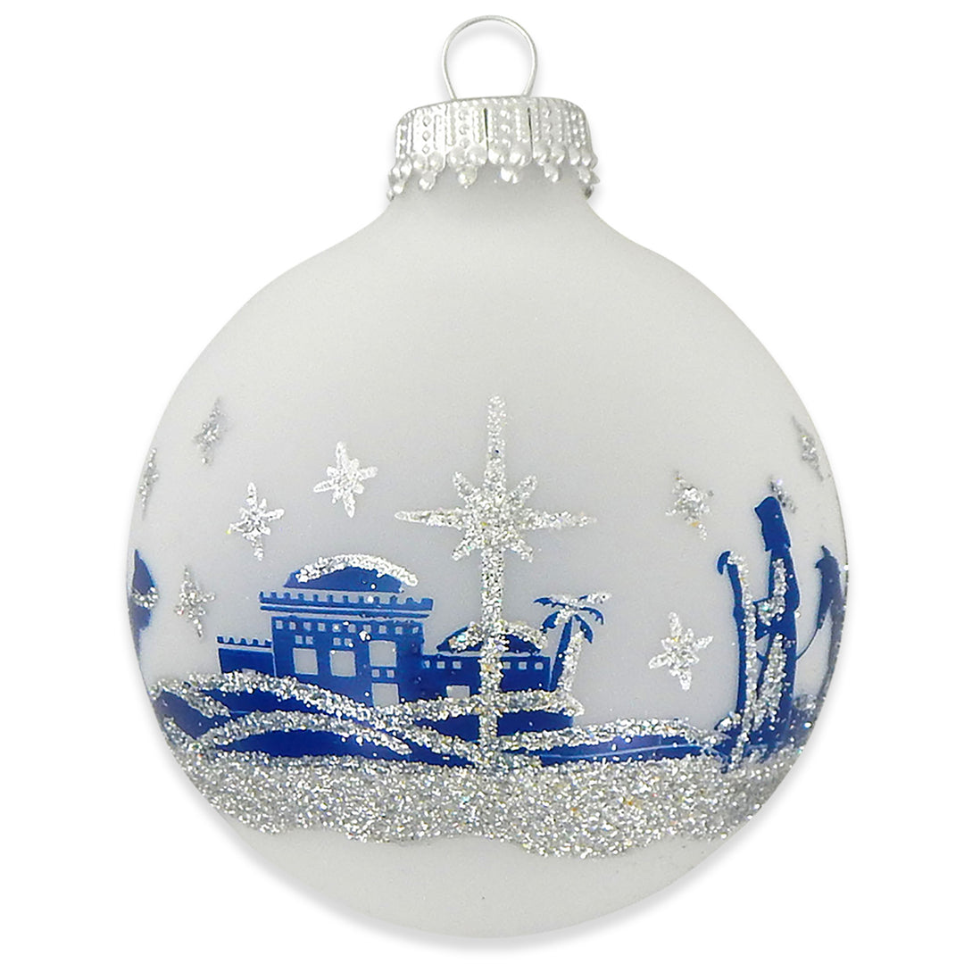 2 5/8" (67mm) Ball Ornaments Frost with Blue / Silver Bethlehem Scene, 4/Box, 12/Case, 48 Pieces