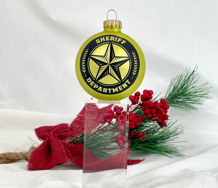 3 1/4" (80mm) Ball Ornaments, Sheriff and Saying, Gold Velvet, 1/Box, 12/Case, 12 Pieces