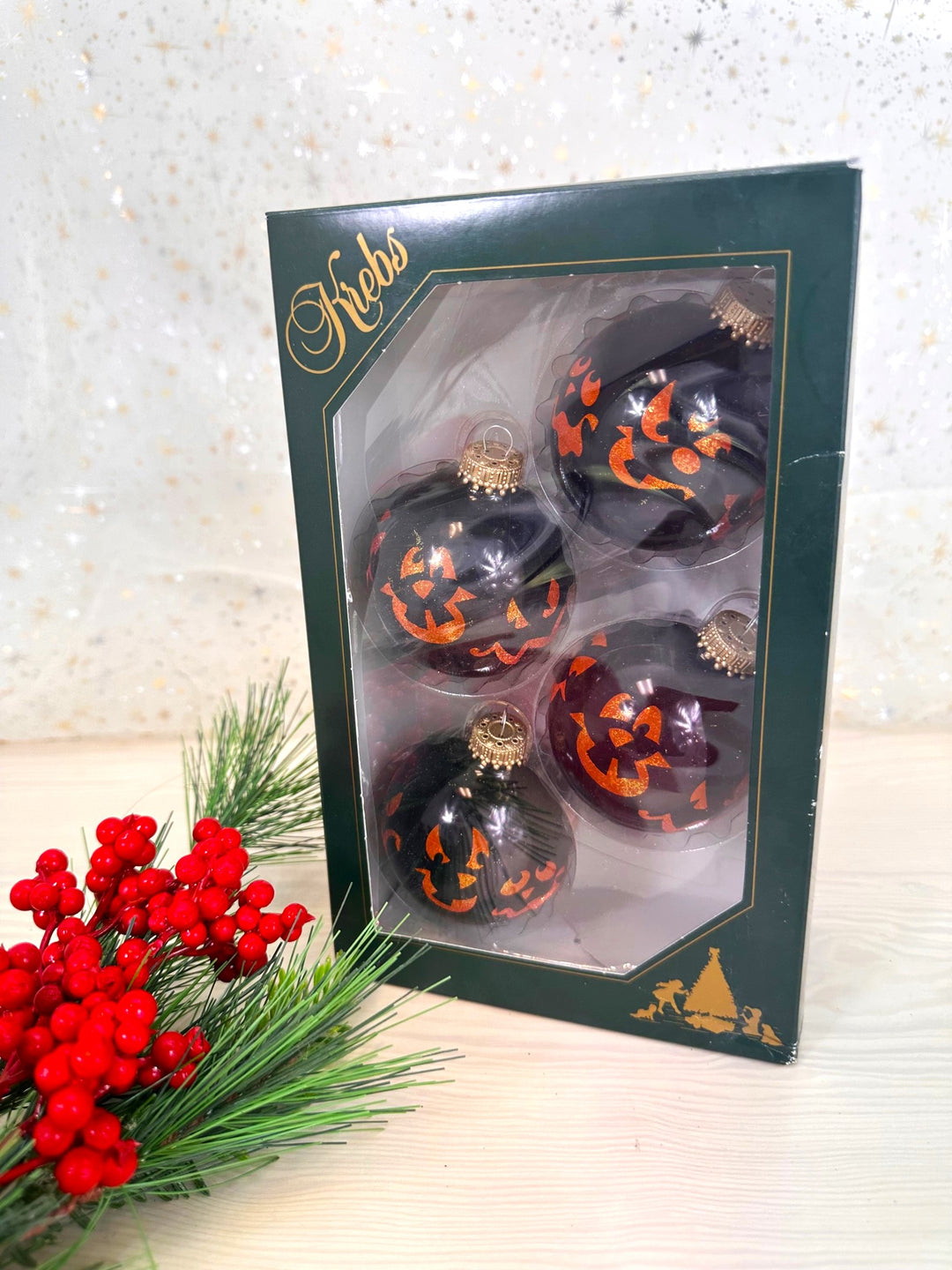 2 5/8" (67mm) Halloween Ball Ornaments Solid Ebony Shine with Scary Faces 4/Box, 12/Case, 48 Pieces