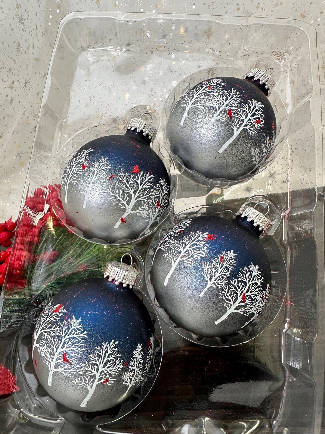 2 5/8" (67mm) Ball Ornaments Bi-Color Midnight Haze / Silver Pearl with Trees & Cardinals, 4/Box, 12/Case, 48 Pieces