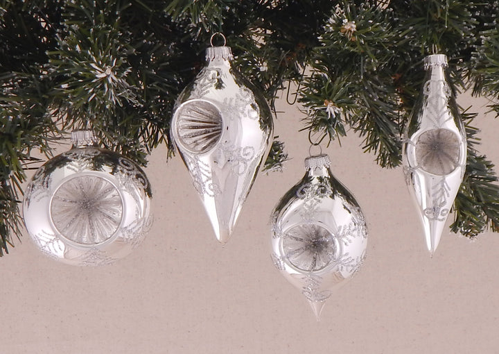 Assorted Sizes Glass Finials, Bright Silver Reflectors, Silver Swirls, 4 Shapes, 12/Box, 4/Case, 48 Pieces