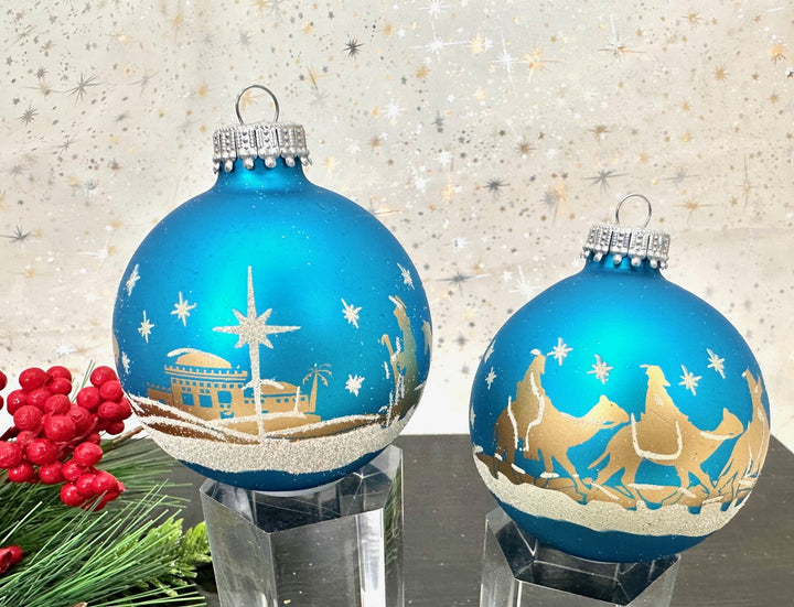 2 5/8" (67mm) Glass Ball Ornaments, Turquoise Bliss with Gold Ink / Glitter Bethlehem Scene, 4/Box, 12/Case, 48 Pieces
