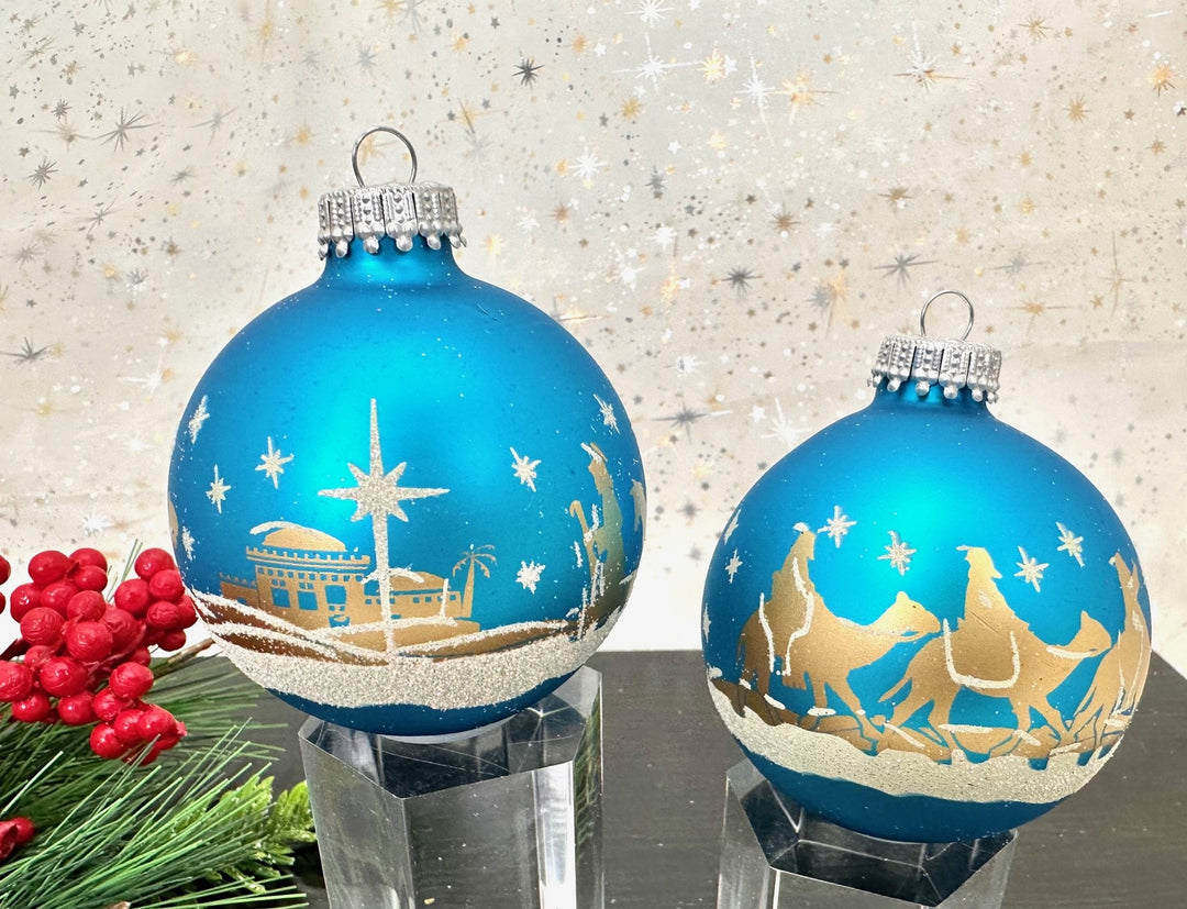 2 5/8" (67mm) Glass Ball Ornaments, Turquoise Bliss with Gold Ink / Glitter Bethlehem Scene, 4/Box, 12/Case, 48 Pieces