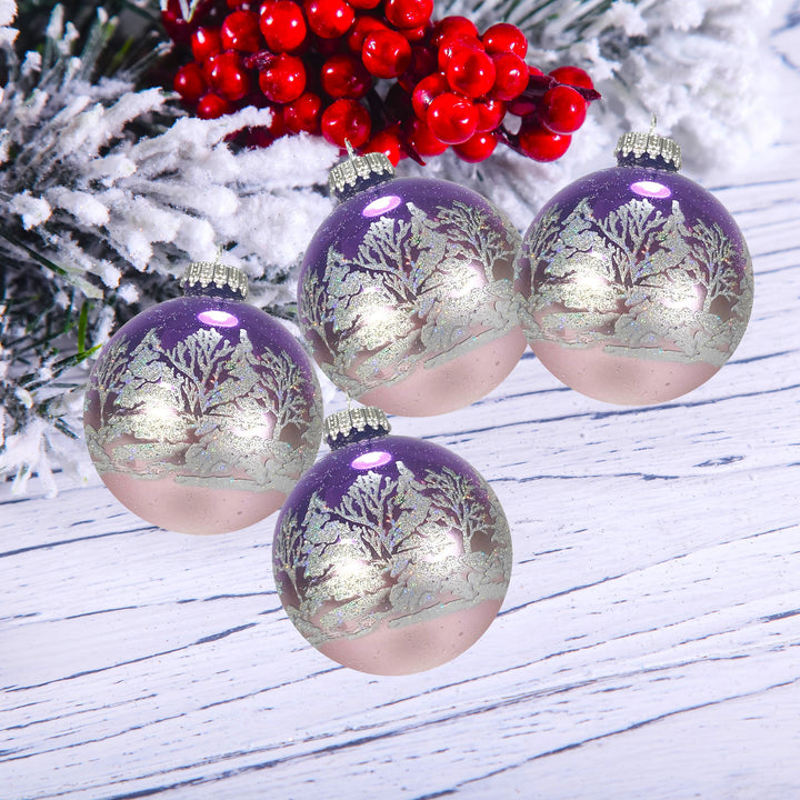 2 5/8" (67mm) Glass Ball Ornaments, Bi-Color Winter Lilac Shine / Smoke Gray Velvet - White Winter Forest Trees, 4/Box, 12/Case, 48 Pieces