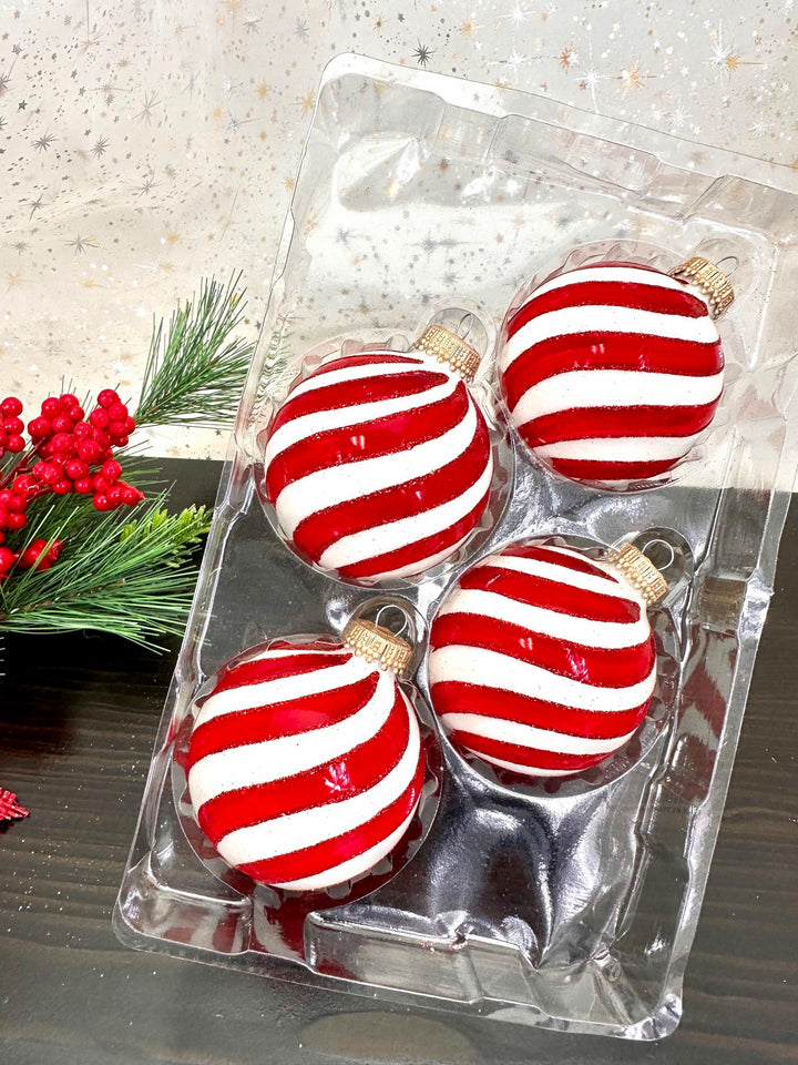 2 5/8" (67mm) Ball Ornaments Porcelain White with Red Swirls, 4/Box, 12/Case, 48 Pieces