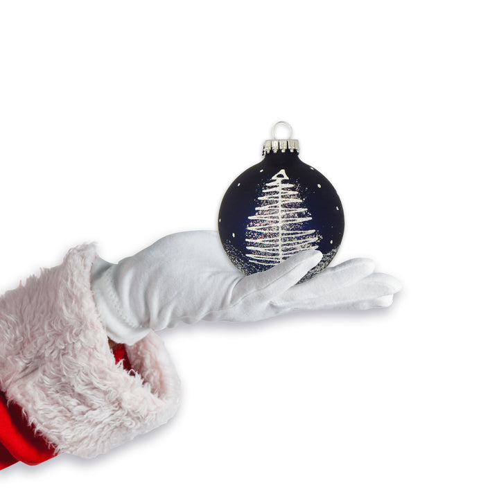 2 5/8" (67mm) Ball Ornaments Navy Velvet with White Scribble Tree, 4/Box, 12/Case, 48 Pieces