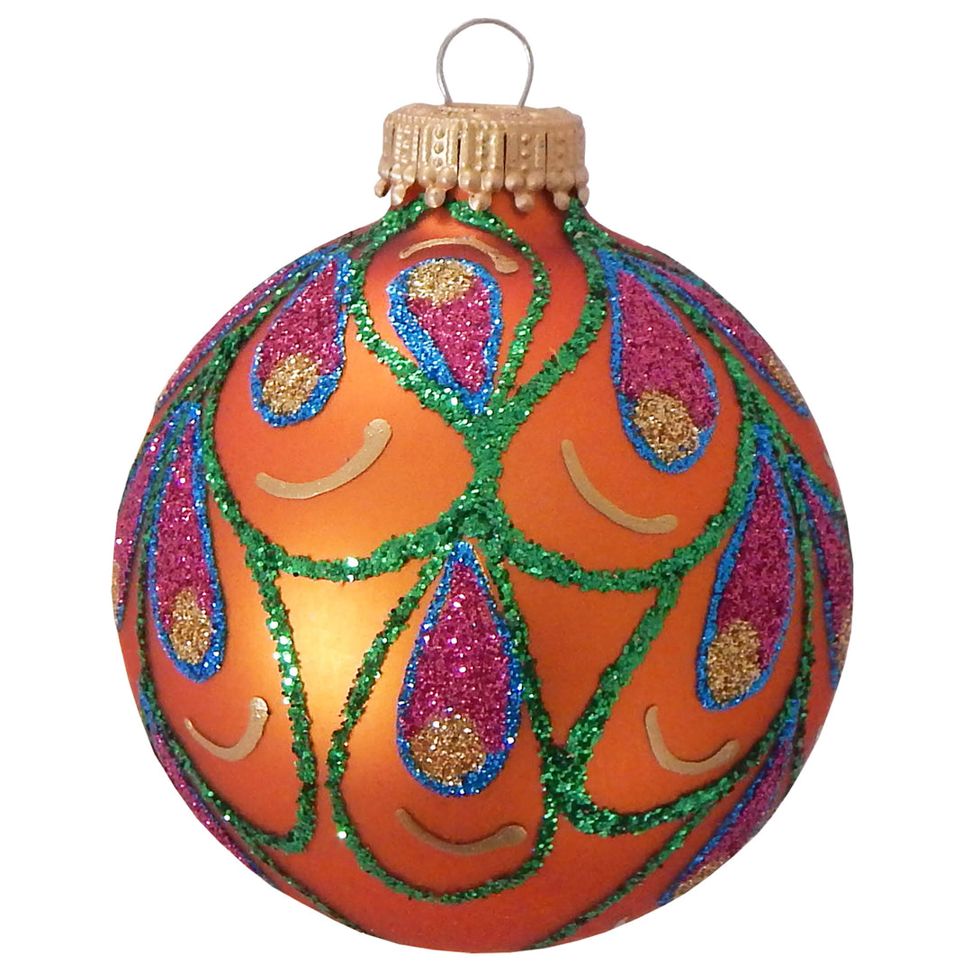 2 5/8" (67mm) Ball Ornaments, Glitter Peacock Drapes, Asst Brights, 4/Box, 12/Case, 48 Pieces