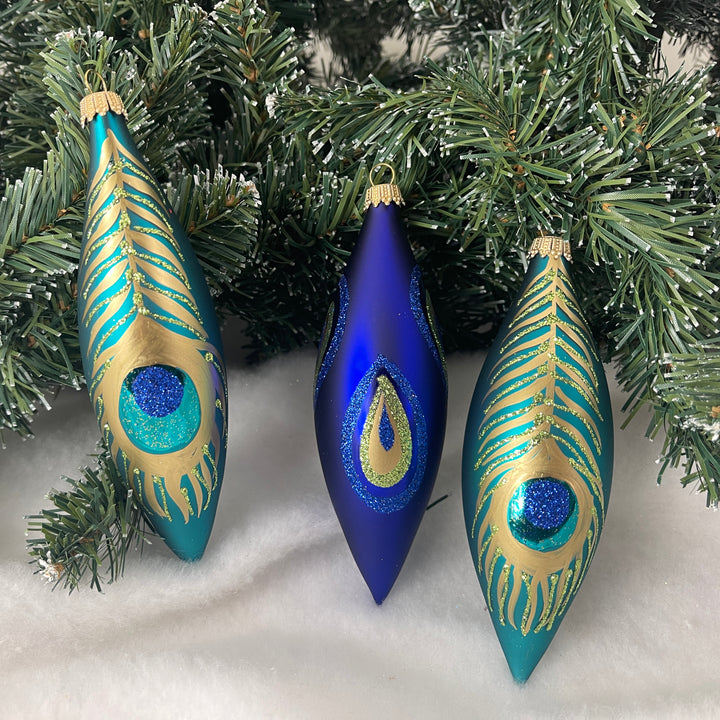 5.6" (15cm) Christmas Peacock Glass Finial, set of 3, Matte Blue, Figurine Ornaments, 3/Box, 8/Case, 24 Pieces