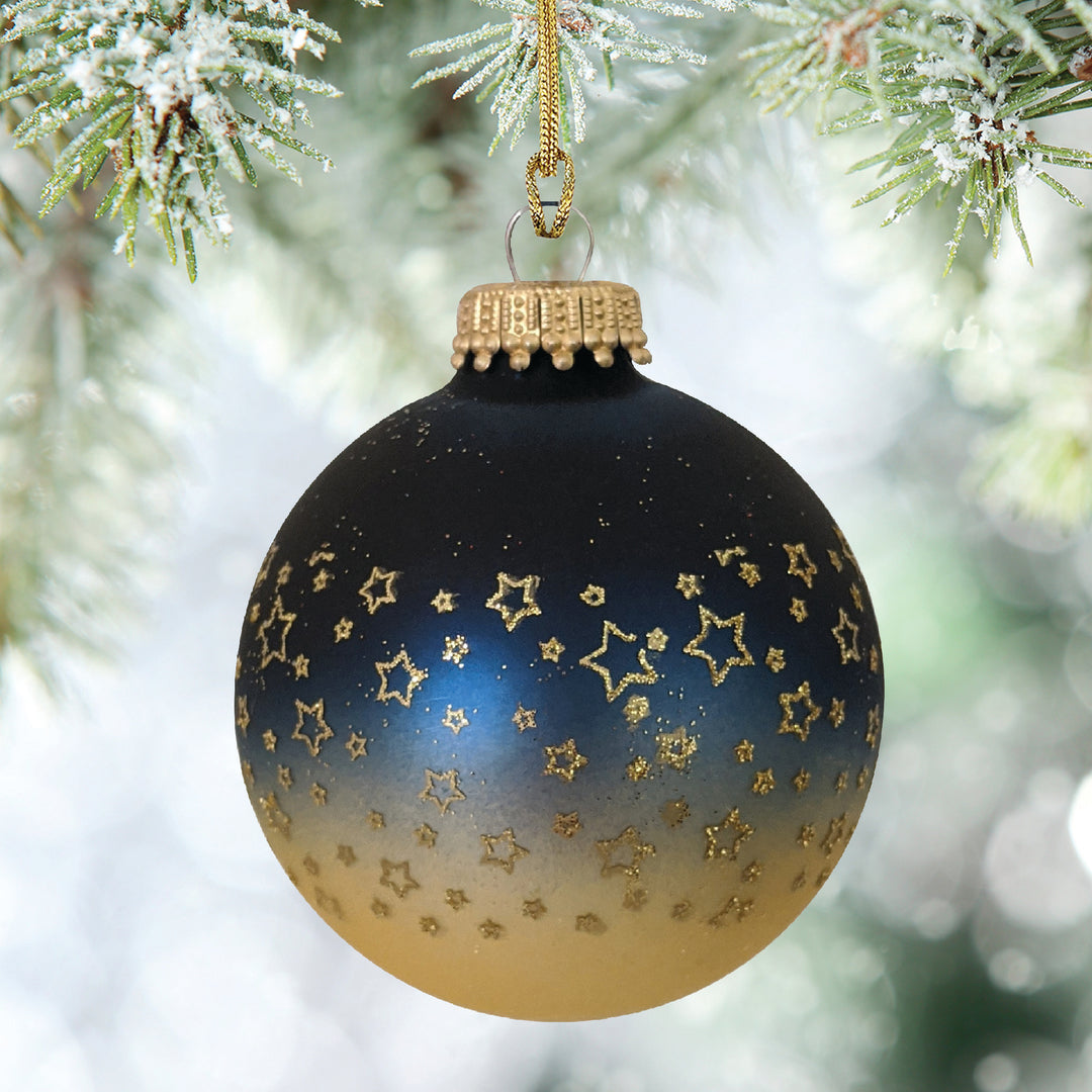 2 5/8" (67mm) Glass Ball Ornaments, Bi-Color Midnight Haze Top / Chiffon Gold Bottom with Gold Glitter Star Band, 4/Box, 12/Case, 48 Pieces
