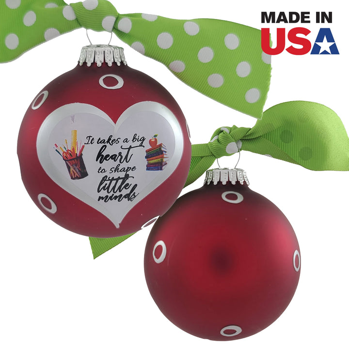 3 1/4" (80mm) Personalizable Hugs Specialty Gift Ornaments, Red Velvet Glass Ball with It Takes A Big Heart To Shape Little Minds