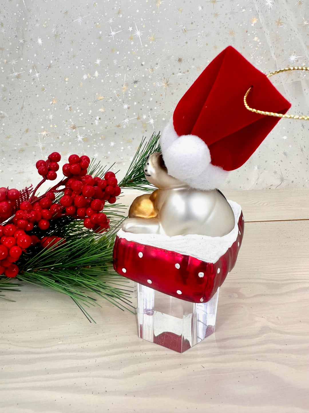 4" (100mm) Dog with Santa Hat and Teddy Bear Glass Figurine Ornaments, 1/Box, 6/Case, 6 Pieces