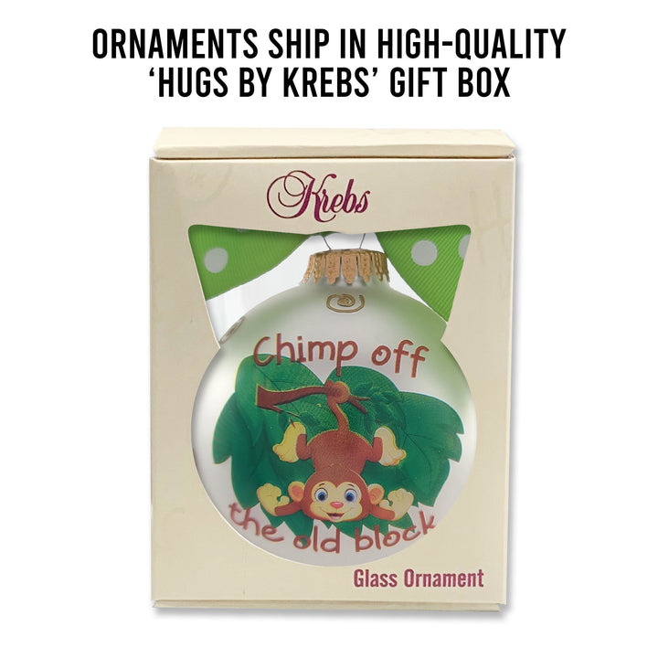 3 1/4" (80mm) Personalizable Hugs Specialty Gift Ornaments, Silver Pearl Glass Ball with Chimp off the old block