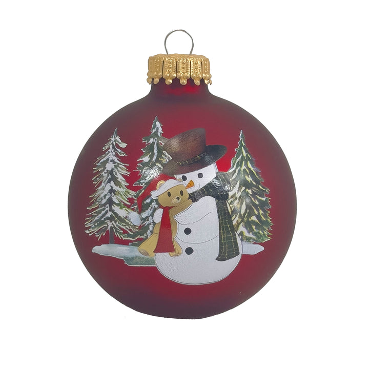 2 5/8" (67mm) Glass Ball Ornaments, Port Velvet with Snowman Hugging Bear & Tree's, 4/Box, 12/Case, 48 Pieces