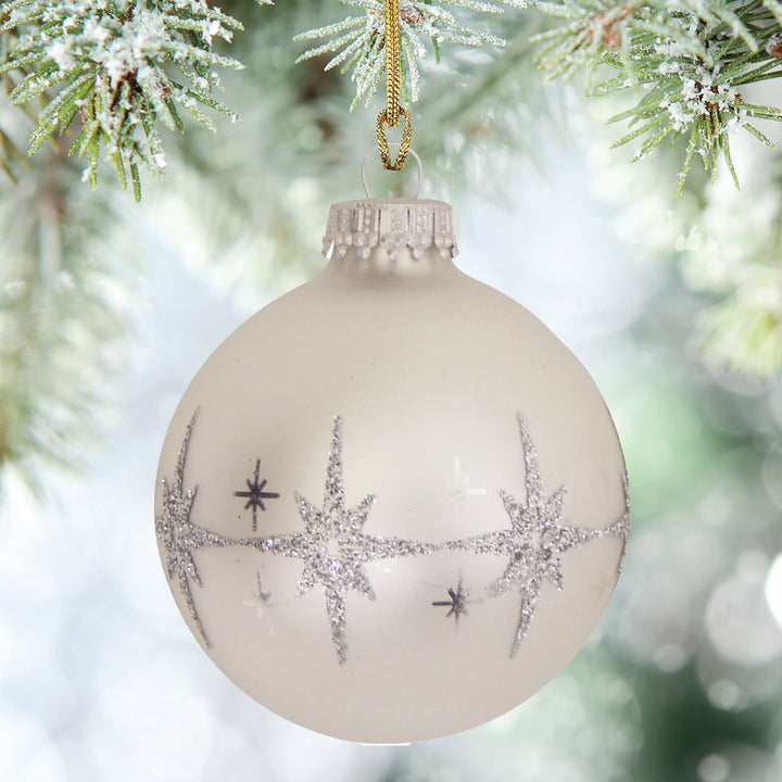 2 5/8" (67mm) Ball Ornaments Silver Pearl with Lacquer / Silver Glitter Bethlehem Stars, 4/Box, 12/Case, 48 Pieces