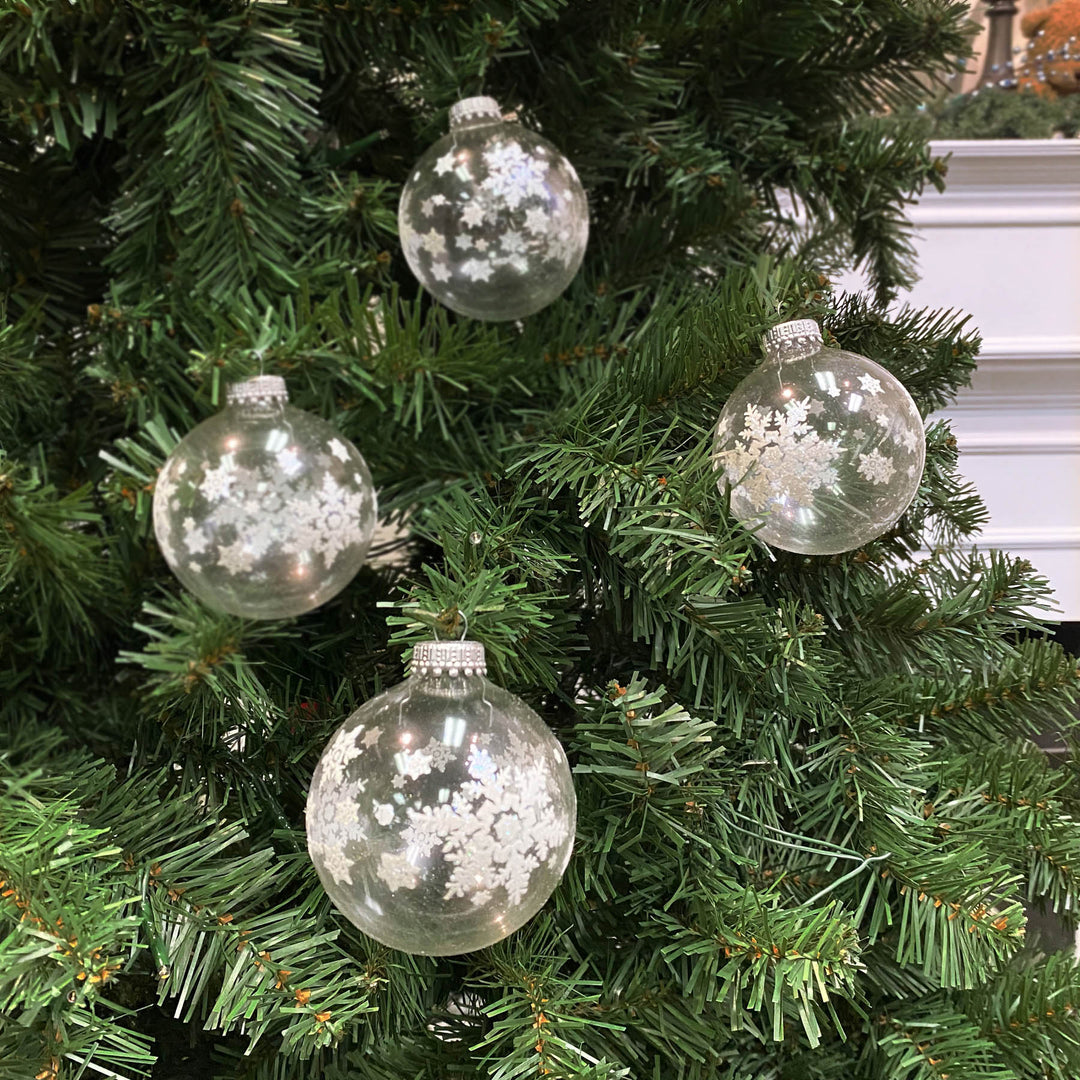 2 5/8" (67mm) Ball Ornaments Clear with White Big Snowflakes, 4/Box, 12/Case, 48 Pieces