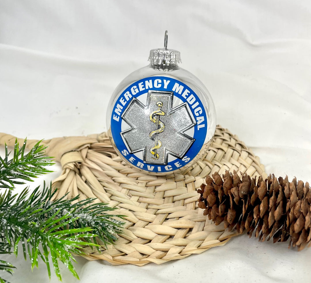 3 1/4" (80mm) Bright Silver Glass Ball Ornaments, First Responder EMS Logo, 1/Box, 12/Case, 12 Pieces