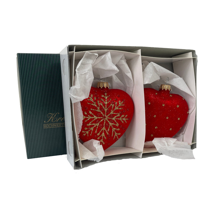 3.75" Christmas Night Red Hearts with snowflake, set of 2, Red matte/ Gold,  Figurine Ornaments, 2/Box, 6/Case, 12 Pieces