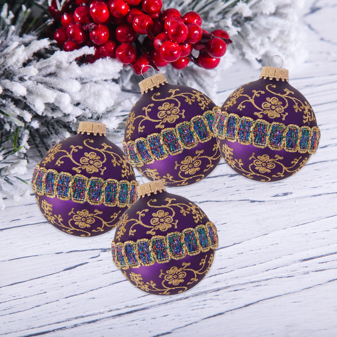 2 5/8" (67mm) Ball Ornaments Magenta Purple / Plum Velvet, Glitterlace and Braid, 4/Box, 12/Case, 48 Pieces