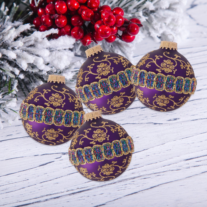 2 5/8" (67mm) Ball Ornaments Magenta Purple / Plum Velvet, Glitterlace and Braid, 4/Box, 12/Case, 48 Pieces