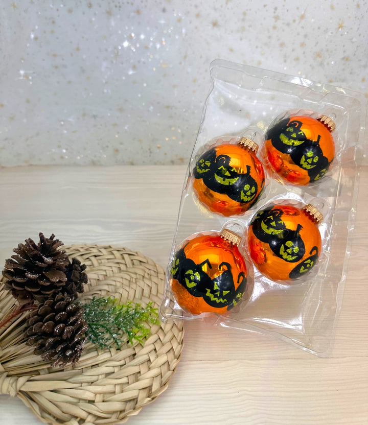 2 5/8" (67mm) Halloween Ball Ornaments Solid Orange Crush with Jack-O-Lanterns 4/Box, 12/Case, 48 Pieces