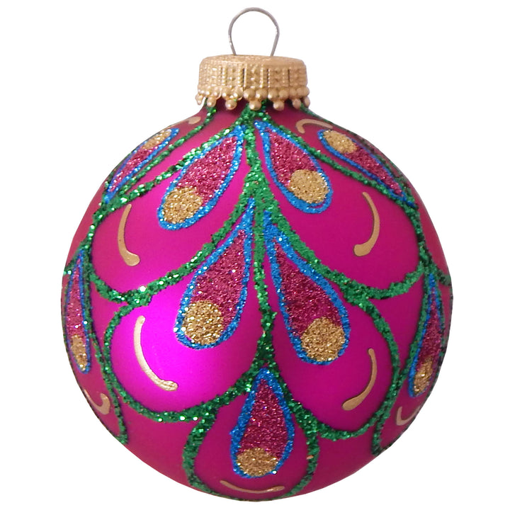 2 5/8" (67mm) Ball Ornaments, Glitter Peacock Drapes, Asst Brights, 4/Box, 12/Case, 48 Pieces