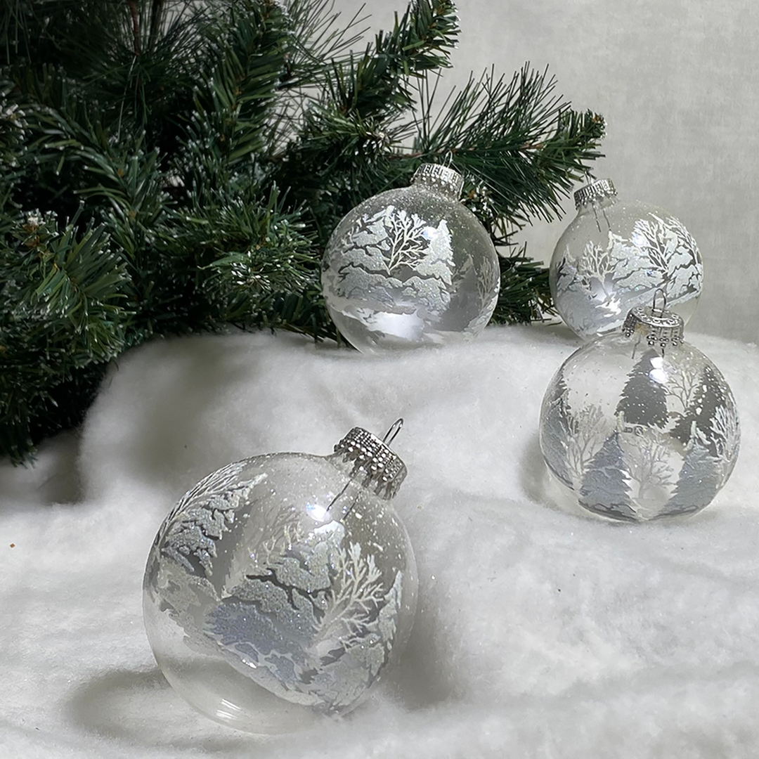 2 5/8" (67mm) Glass Ball Ornaments, Clear with White / Silver Festive Trees, 4/Box, 12/Case, 48 Pieces